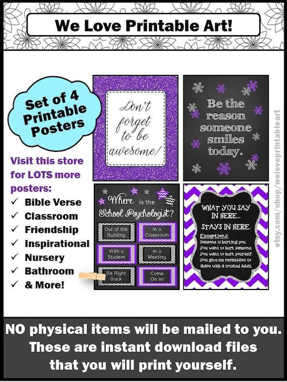 School Psychology Office Decor School Psychologist Gift Printable Door Sign Purple And Black Not Editable