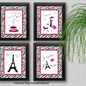 Paris Decor, Paris Art Prints, Pink and Black, Paris Bedroom Decor, Girls Bedroom Decor, Wall Art, Zebra Print