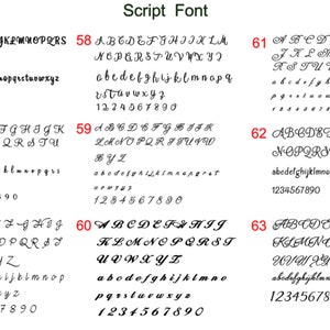 Puede incluir: Una tabla en blanco y negro titulada Script Font que muestra nueve estilos tipogr&aacute;ficos distintos etiquetados del 55 al 63. Cada secci&oacute;n presenta letras may&uacute;sculas, min&uacute;sculas y los n&uacute;meros del 0 al 9 en varias fuentes cursivas.