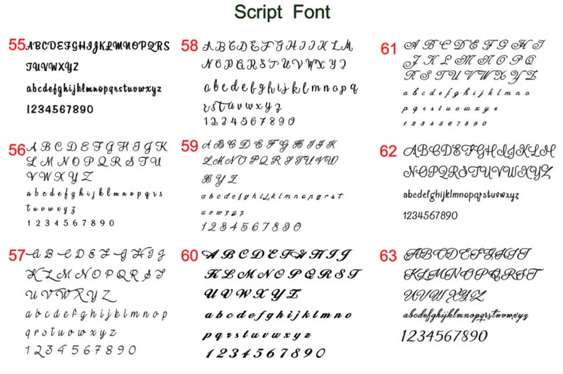 Puede incluir: Una tabla en blanco y negro titulada Script Font que muestra nueve estilos tipogr&aacute;ficos distintos etiquetados del 55 al 63. Cada secci&oacute;n presenta letras may&uacute;sculas, min&uacute;sculas y los n&uacute;meros del 0 al 9 en varias fuentes cursivas.