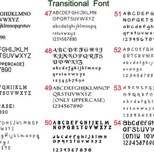 Puede incluir: Una tabla titulada Transitional Font que muestra doce estilos de fuente negros distintos etiquetados con n&uacute;meros rojos del 43 al 54. Cada entrada incluye el alfabeto completo en may&uacute;sculas y min&uacute;sculas y los n&uacute;meros del 0 al 9, excepto los estilos indicados como solo may&uacute;sculas o min&uacute;sculas.