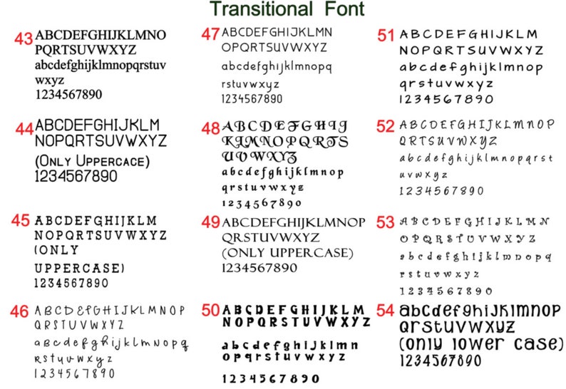 Puede incluir: Una tabla titulada Transitional Font que muestra doce estilos de fuente negros distintos etiquetados con n&uacute;meros rojos del 43 al 54. Cada entrada incluye el alfabeto completo en may&uacute;sculas y min&uacute;sculas y los n&uacute;meros del 0 al 9, excepto los estilos indicados como solo may&uacute;sculas o min&uacute;sculas.