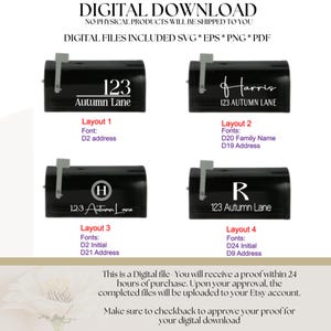 May include: Digital download graphic featuring four black mailboxes with different address layouts. Each mailbox displays a unique design with the address "123 Autumn Lane" and various fonts for the address and name.