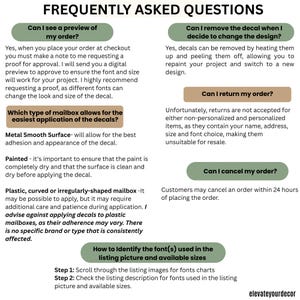Puede incluir: Un gr&aacute;fico informativo titulado FREQUENTLY ASKED QUESTIONS con texto que explica las vistas previas de pedidos de calcoman&iacute;as, su eliminaci&oacute;n, la compatibilidad de superficies de buzones, pol&iacute;ticas de devoluci&oacute;n, cancelaciones y fuentes.