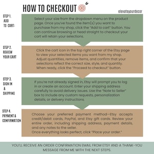 Puede incluir: Un gr&aacute;fico instructivo titulado HOW TO CHECKOUT con un icono de diana y el texto elevateyourdecor. Describe cuatro pasos para comprar art&iacute;culos en Etsy, incluyendo a&ntilde;adir al carrito, revisar el carrito, iniciar sesi&oacute;n y confirmar el pago.