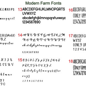 Puede incluir: Una tabla digital titulada Modern Farm Fonts que muestra nueve tipos de letra negros distintos numerados del 10 al 18. Cada entrada incluye el alfabeto completo en may&uacute;sculas y min&uacute;sculas junto con los n&uacute;meros del 0 al 9 en varios estilos.