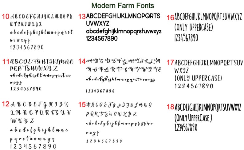 Puede incluir: Una tabla digital titulada Modern Farm Fonts que muestra nueve tipos de letra negros distintos numerados del 10 al 18. Cada entrada incluye el alfabeto completo en may&uacute;sculas y min&uacute;sculas junto con los n&uacute;meros del 0 al 9 en varios estilos.