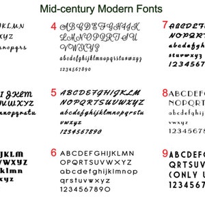 Puede incluir: Una tabla en blanco y negro titulada Mid-century Modern Fonts que muestra nueve opciones de tipograf&iacute;a distintas numeradas del uno al nueve. Cada entrada incluye el alfabeto completo en may&uacute;sculas y min&uacute;sculas junto con los n&uacute;meros del cero al nueve.
