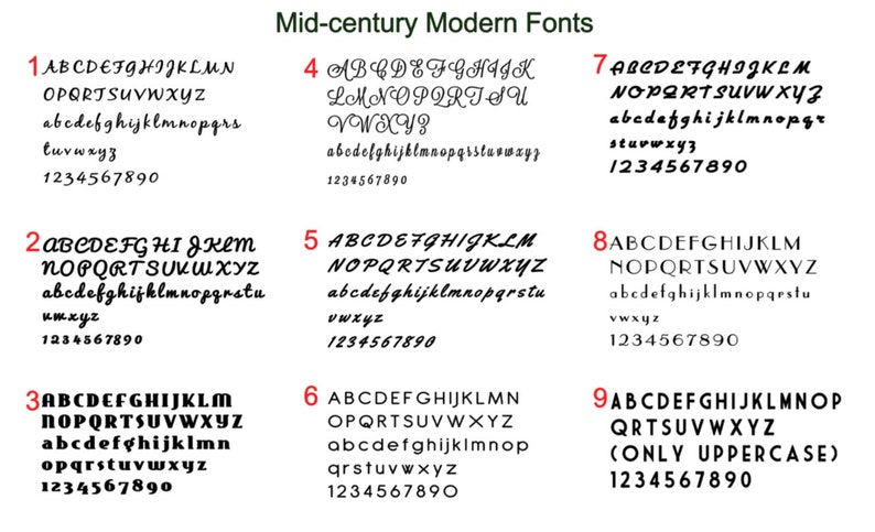 Puede incluir: Una tabla en blanco y negro titulada Mid-century Modern Fonts que muestra nueve opciones de tipograf&iacute;a distintas numeradas del uno al nueve. Cada entrada incluye el alfabeto completo en may&uacute;sculas y min&uacute;sculas junto con los n&uacute;meros del cero al nueve.