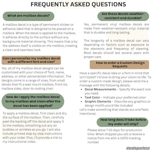 Puede incluir: Un gr&aacute;fico informativo titulado FREQUENTLY ASKED QUESTIONS sobre calcoman&iacute;as para buzones. Contiene cuadros de texto con encabezados verdes y marrones que explican la aplicaci&oacute;n, durabilidad, opciones de personalizaci&oacute;n y pedidos de dise&ntilde;os personalizados.