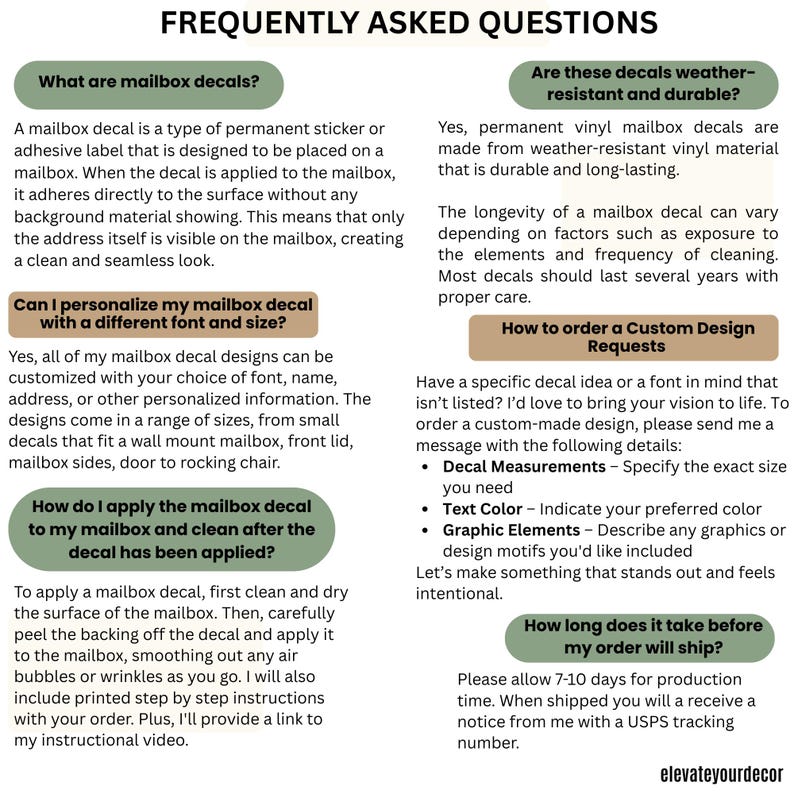 Puede incluir: Un gr&aacute;fico informativo titulado FREQUENTLY ASKED QUESTIONS sobre calcoman&iacute;as para buzones. Contiene cuadros de texto con encabezados verdes y marrones que explican la aplicaci&oacute;n, durabilidad, opciones de personalizaci&oacute;n y pedidos de dise&ntilde;os personalizados.