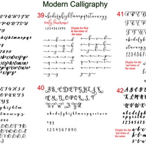 Puede incluir: Una tabla titulada Modern Calligraphy que muestra seis estilos de fuente negros distintos numerados del 37 al 42. Cada secci&oacute;n incluye letras may&uacute;sculas y min&uacute;sculas, n&uacute;meros del 0 al 9 y glifos decorativos para nombres.