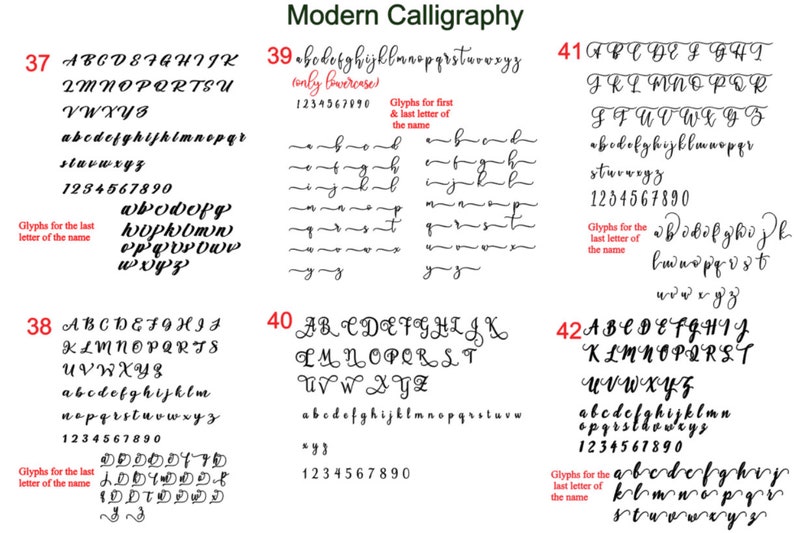 Puede incluir: Una tabla titulada Modern Calligraphy que muestra seis estilos de fuente negros distintos numerados del 37 al 42. Cada secci&oacute;n incluye letras may&uacute;sculas y min&uacute;sculas, n&uacute;meros del 0 al 9 y glifos decorativos para nombres.
