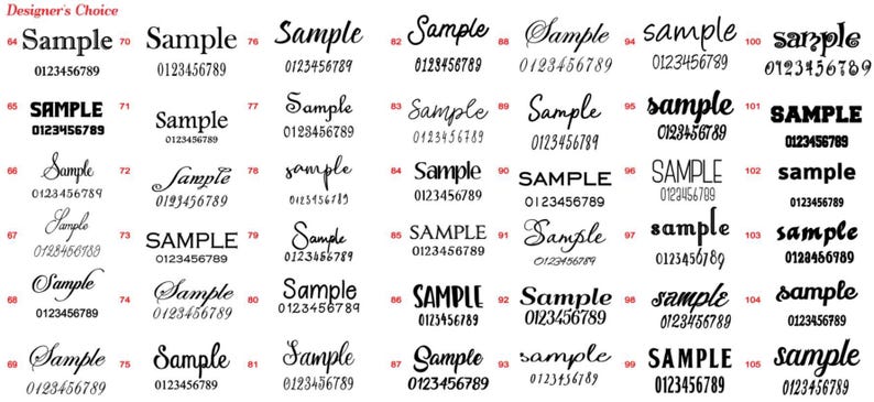 Puede incluir: Una tabla en blanco y negro titulada Designer's Choice que muestra una cuadr&iacute;cula de opciones de fuentes numeradas del 64 al 105. Cada entrada presenta la palabra Sample y los d&iacute;gitos 0123456789 en varios estilos tipogr&aacute;ficos, desde cursiva a negrita.