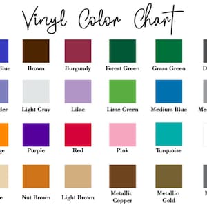 Puede incluir: Una tabla de colores de vinilo que presenta una cuadr&iacute;cula de treinta y dos cuadrados de colores con etiquetas de texto correspondientes que incluyen amarillo brillante, azul brillante, marr&oacute;n, burdeos, verde bosque, verde hierba, gris oscuro, rosa fuerte, azul hielo, lavanda, gris claro, lila, verde lima, azul medio, gris medio, menta, azul marino, naranja, morado, rojo, rosa, turquesa, blanco, amarillo, negro, beige, marr&oacute;n nuez, marr&oacute;n claro, cobre met&aacute;lico, oro met&aacute;lico y gris met&aacute;lico.