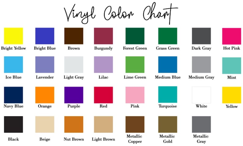 Puede incluir: Una tabla de colores de vinilo que presenta una cuadr&iacute;cula de treinta y dos cuadrados de colores con etiquetas de texto correspondientes que incluyen amarillo brillante, azul brillante, marr&oacute;n, burdeos, verde bosque, verde hierba, gris oscuro, rosa fuerte, azul hielo, lavanda, gris claro, lila, verde lima, azul medio, gris medio, menta, azul marino, naranja, morado, rojo, rosa, turquesa, blanco, amarillo, negro, beige, marr&oacute;n nuez, marr&oacute;n claro, cobre met&aacute;lico, oro met&aacute;lico y gris met&aacute;lico.