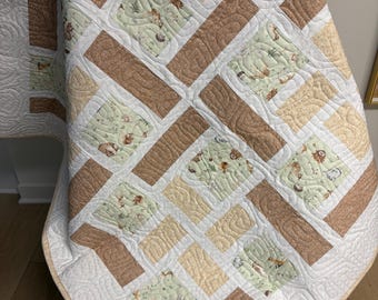 Patchwork Handmade Modern Baby Quilt , Woodland Animals  , light brown, green White and beige 43x43