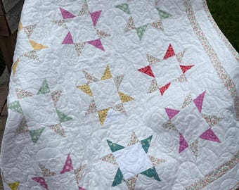 Patchwork Baby Quilt, Pastel Stars, Maple Cottage Design, 47x47 Cotton