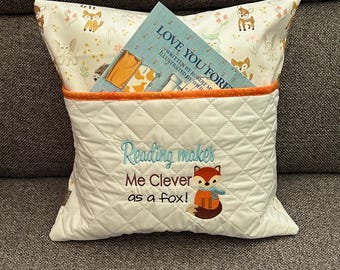 Pocket Reading Pillow for Kids ,Clever as a Fox, 16x16, Kids Gift