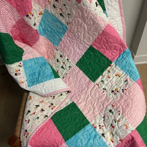 Patchwork Modern Baby Girl Quilt: Pink, Aqua & Girls in Park Design (40x50)