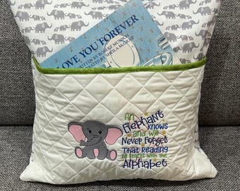 Embroidered Elephant Pocket Reading Pillow - Kids Gift (16x16)