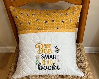 Embroidered Bee Reading Pocket Pillow - Kids Book Nook Gift