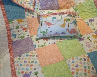 Dinosaur Baby Quilt: Pastel Patchwork with Pillow (36x45)