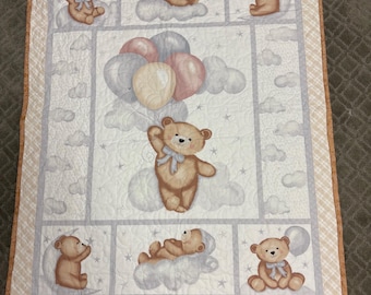 Teddy Bear  Patchwork Quilt Stars, Moon, Grey, White, Brown  Baby Gift, 44 x 34