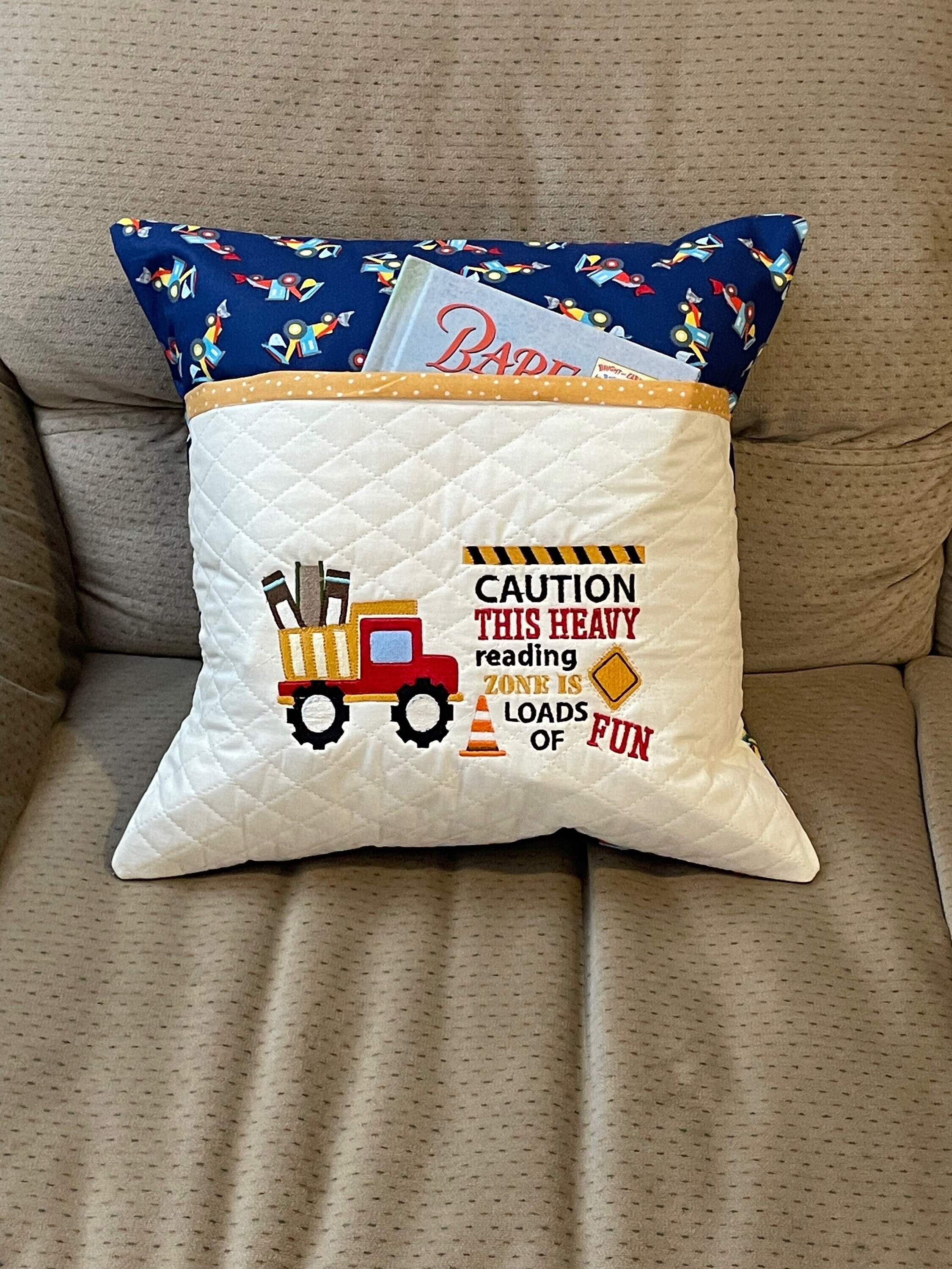 Pocket Reading Pillow,kids Who Love Trucks , 16x16 Pillow Multi Colour
