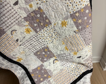 Modern Baby Quilt Patchwork, Lullaby Dreams, Moon, Rainbows, Stars, Clouds 31 x42
