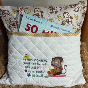Embroidered Monkey Reading Pocket Pillow: Kids Gift, 16x16