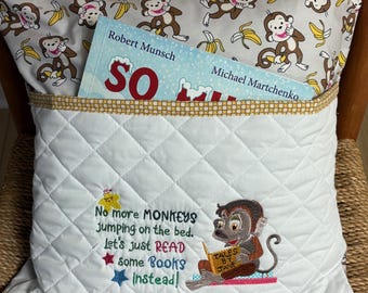 Embroidered Monkey Reading Pocket Pillow: Kids Gift, 16x16