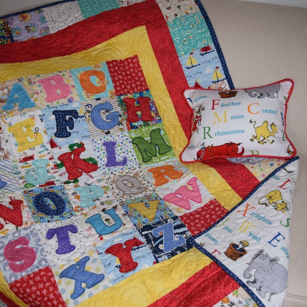 Baby Quilt Alphabet Appliqué Quilt ,Baby Shower Gift Gender Neutral , Baby Quilt, Dr. Seuss Alphabet Backing 48 x 40 Ready to Ship