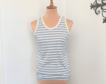 M - Vintage Cream + Blue Striped Tank Top 1980s Alyssa Anne