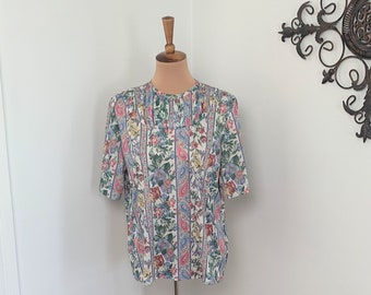 XL - Vintage Floral Chic Top 1990s Blair Cottage Granny Chic Style Short Sleeve Blouse