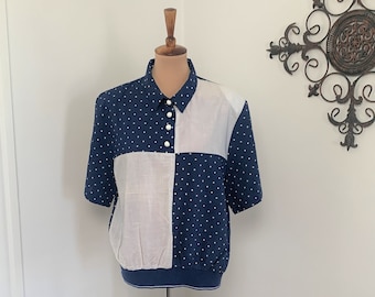 XL-1X - Vintage Navy + White Polka Dot Blouse Cricket Lane 1990s Top