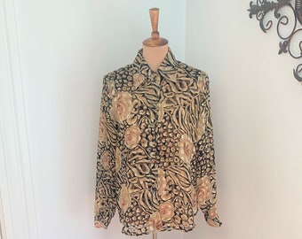 S - Vintage Sheer Floral Animal Print Blouse Expose 1990s Top Black + Beige Roses