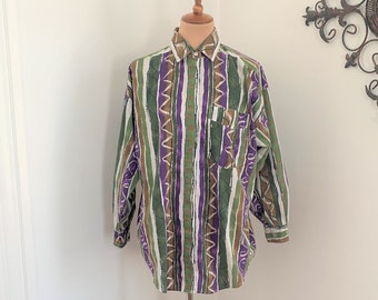 M - Vintage 90s Funky Shirt Liz Thomas Long Sleeve Collared Olive Green Purple + Brown 1990s