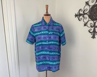 S - Vintage Seide Sommer Bluse Shirt STUNT Lila + Blau Hawaiihemd