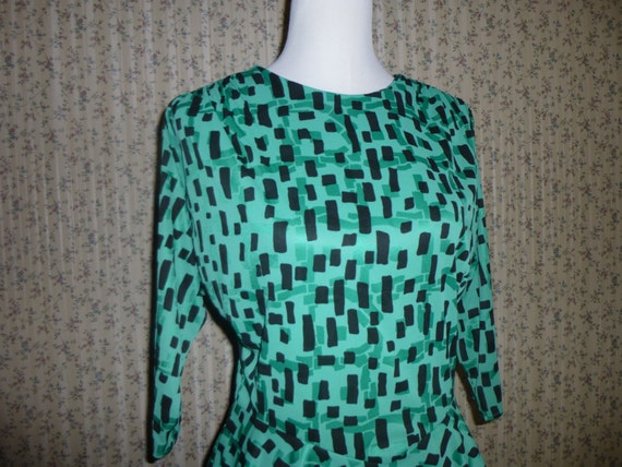 Vintage 1990s Green Black Dress Frock / Peplum wai