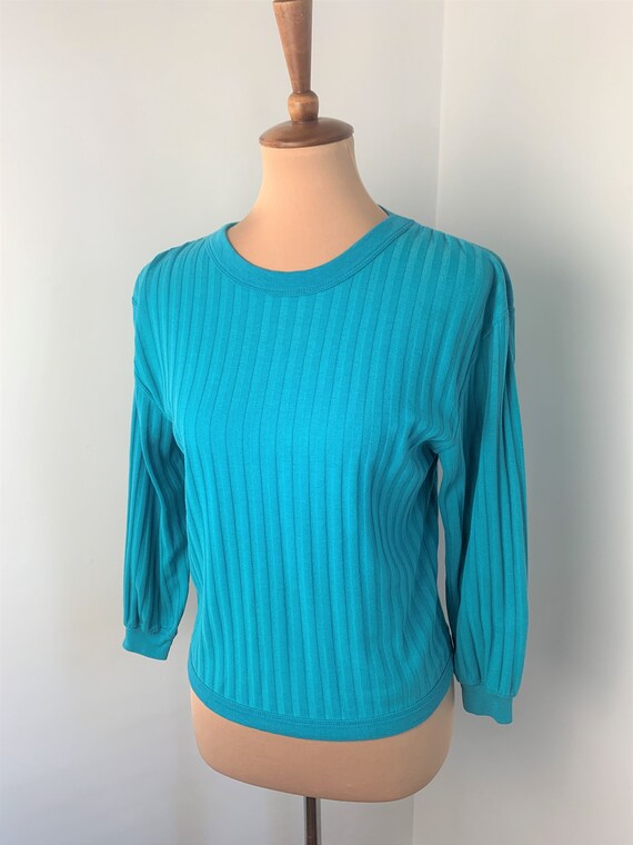 S - M - Vintage Ribbed Casual Top Teal Shirt Step… - image 2