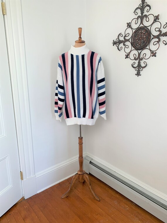 L - Vintage Striped Sweater White Blue + Pink Pri… - image 1
