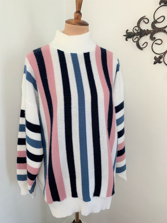 L - Vintage Striped Sweater White Blue + Pink Pri… - image 2