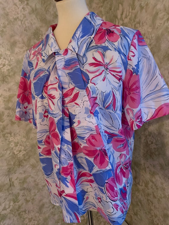 M - Women's 1990s Floral Blouse White Pink + Purp… - image 2