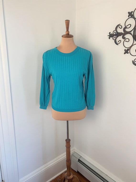 S - M - Vintage Ribbed Casual Top Teal Shirt Step… - image 1