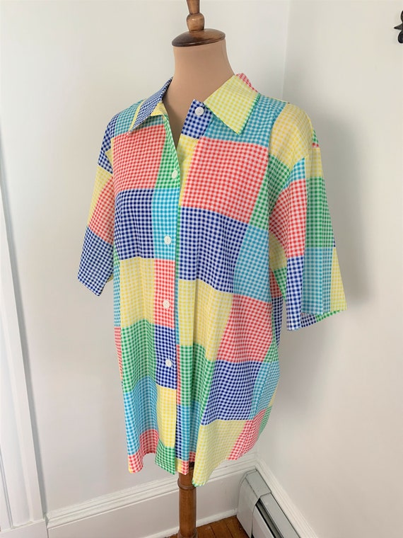 L - Vintage Colorful Checker Pattern Blouse Blair 