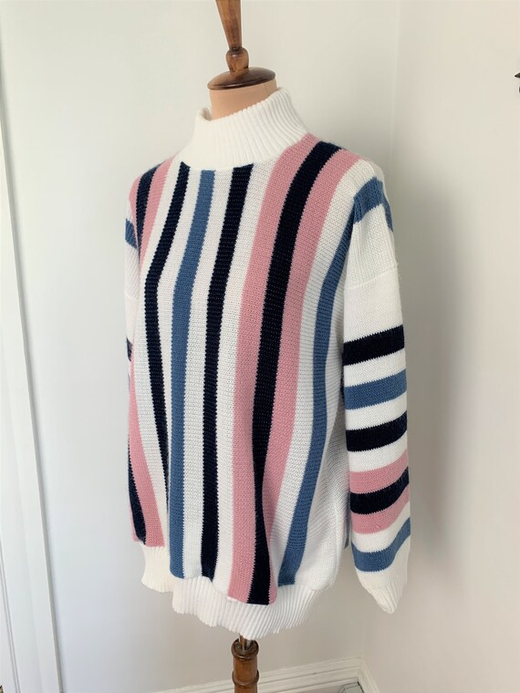 L - Vintage Striped Sweater White Blue + Pink Pri… - image 3