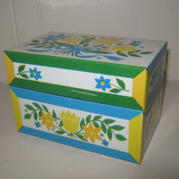 Vintage Floral Metal Recipe Box / Syndicate MFG. CO 1960s Green Blue Yellow