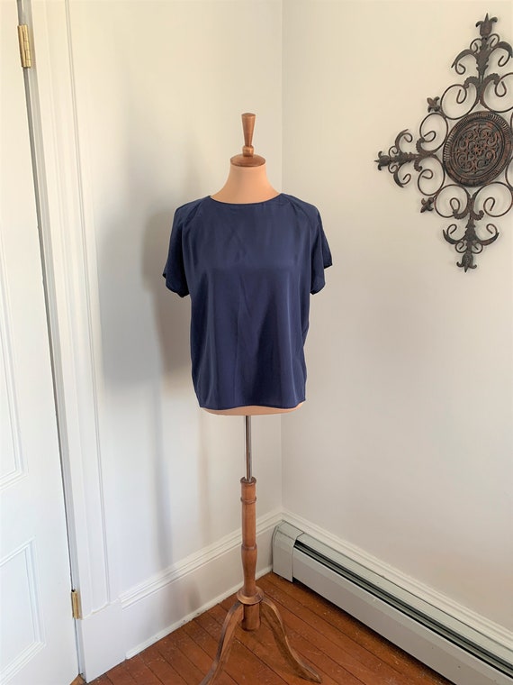 M - Vintage Navy Blue Short Sleeve Blouse 1990s I… - image 1