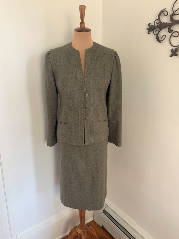 M - Vintage Brown Plaid Wool Skirt + Blazer Set J… - image 2